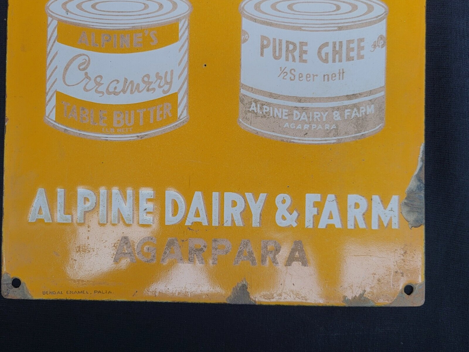 VINTAGE PORCELAIN ENAMEL SIGN ALPINE'S CREAMERY BUTTER & GHEE DAIRY & FARM 1940