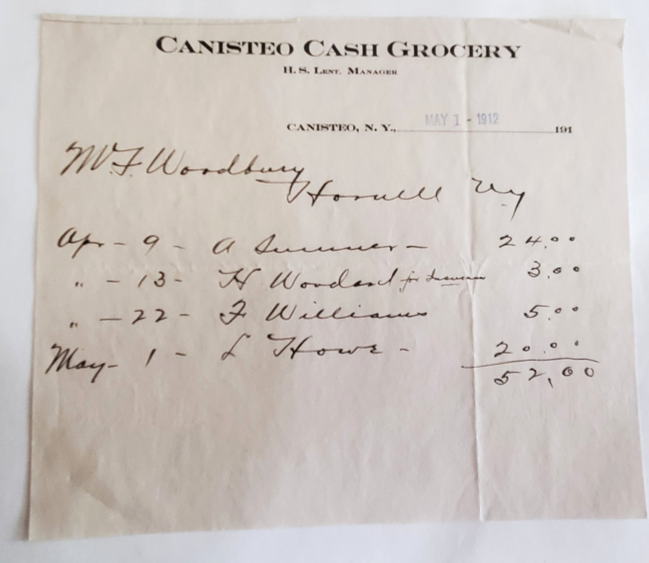 1912 Letter, Canisteo Cash Grocery, Canisteo, NY, M.F Woodbury, Hornell NY 1912 Letter, Canisteo Cash Grocery, Canisteo, NY, M.F Woodbury, Hornell NY