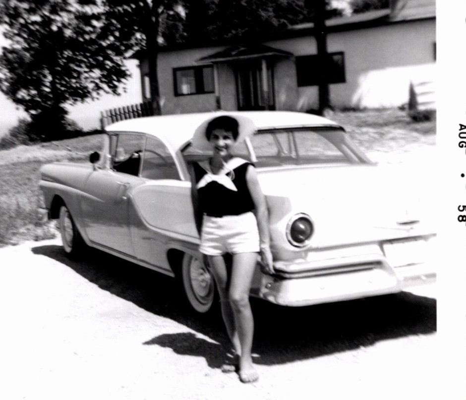 Vintage 1958 Snapshot Pretty Woman Shorts Posing With 1957-58  Ford Fairlane