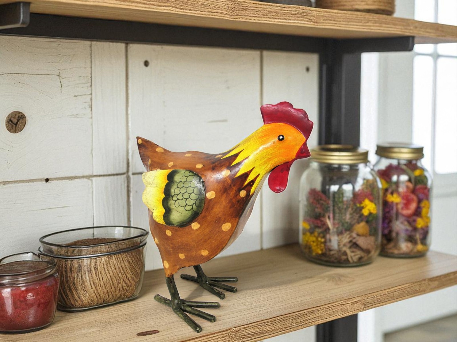 Rustic Small Folk Art Style Painted Metal Chicken Hen Rooster Statue Farm Cabin