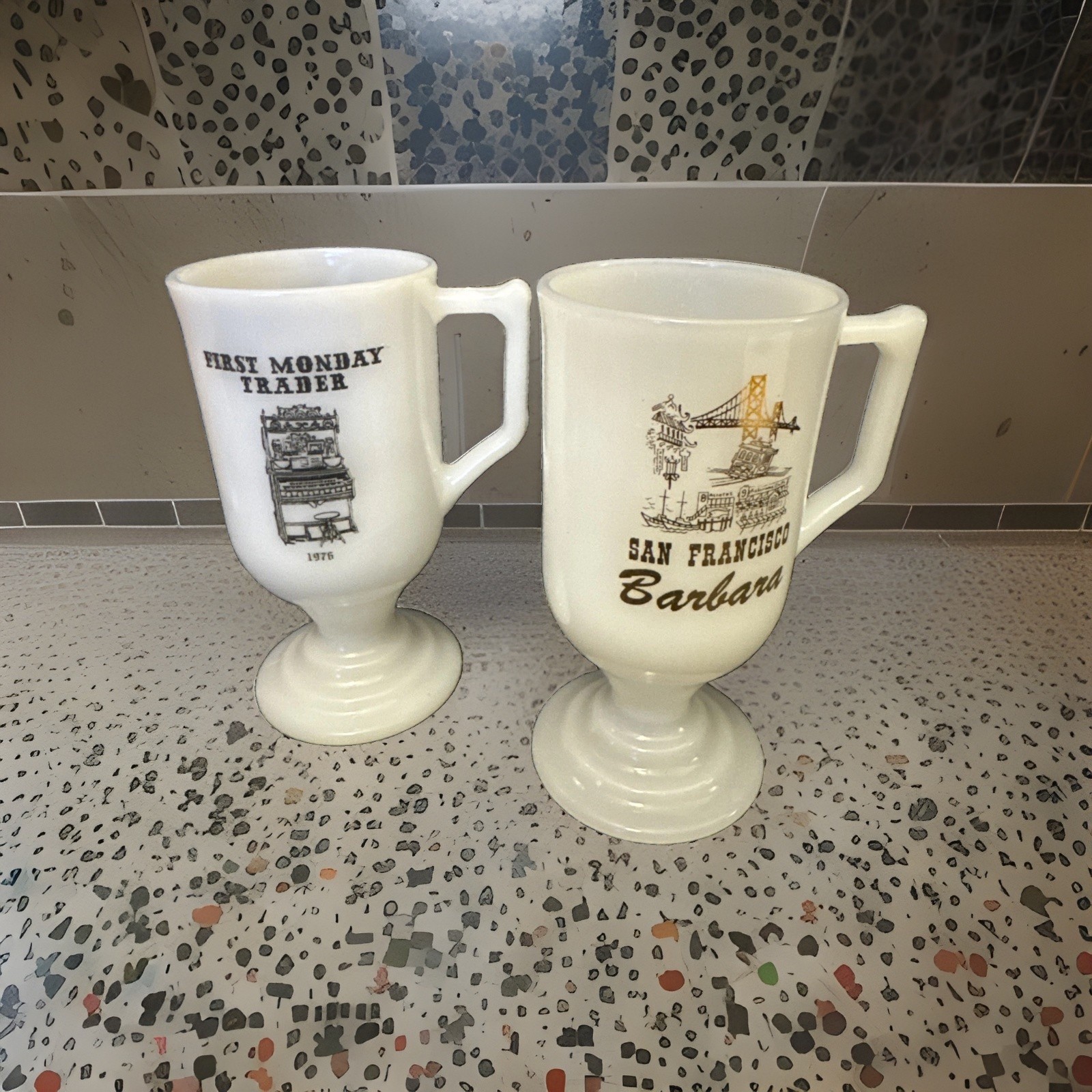 Vintage Milk Glass Pedestal Coffee Mugs Lot of 2 San Francisco 1976 Souvenir Vintage Milk Glass Pedestal Coffee Mugs Lot of 2 San Francisco 1976 Souvenir