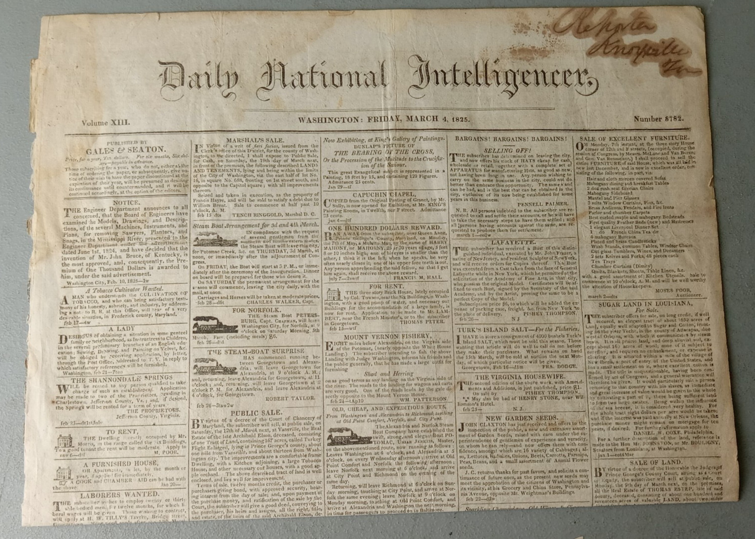 RARE 1825 Inauguration Newspaper National Intelligencer John Quincy Adams JQA RARE 1825 Inauguration Newspaper National Intelligencer John Quincy Adams JQA