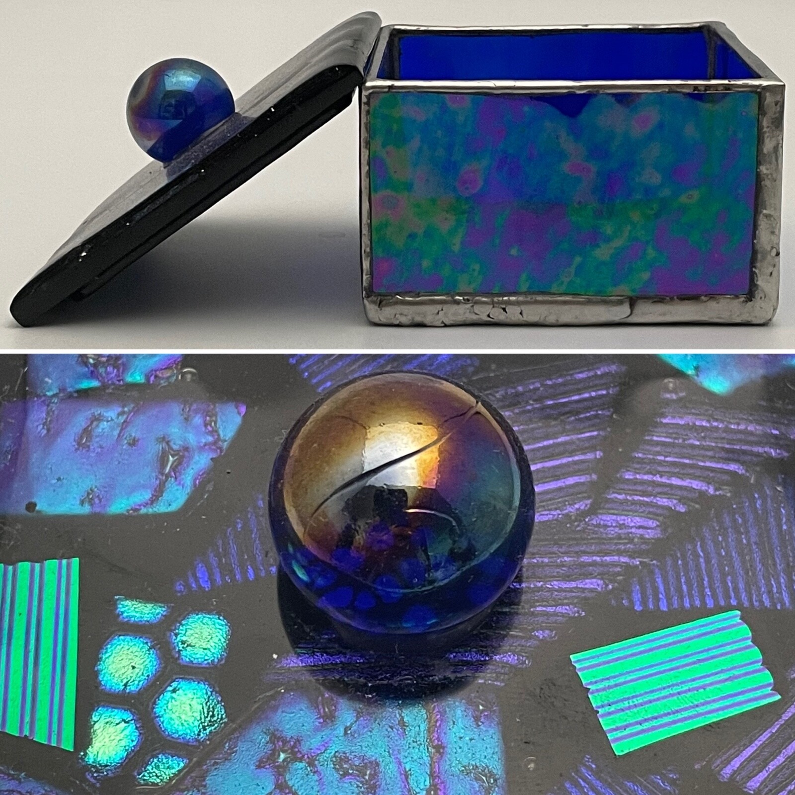 Amingo Fused Dichro Leaded & Stained Glass Trinket Box 3.25 Amingo Fused Dichro Leaded & Stained Glass Trinket Box 3.25