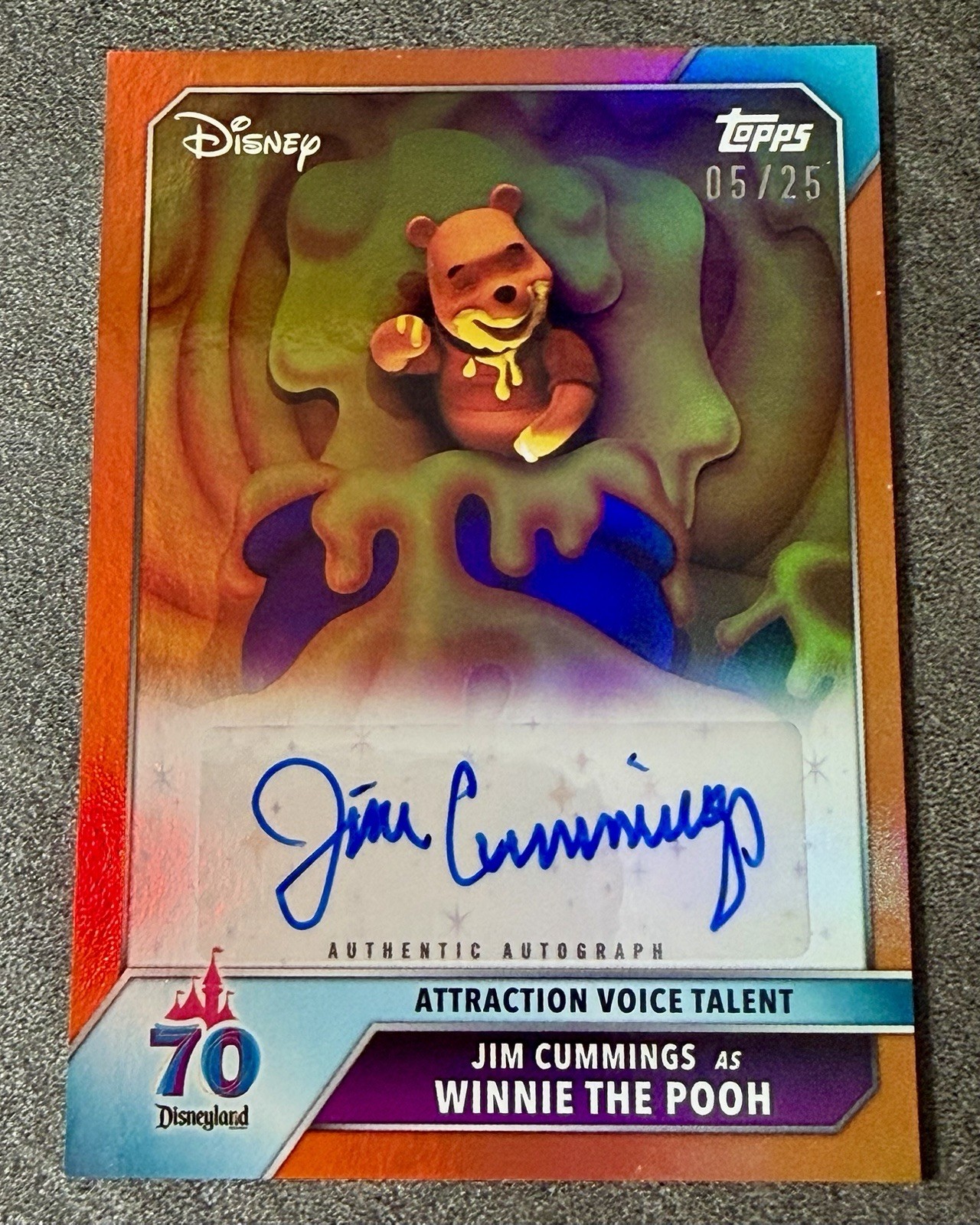 Jim Cummings Winnie The Pooh 2025 Topps Disney 70th Orange Foil Auto /25 #AA-JC