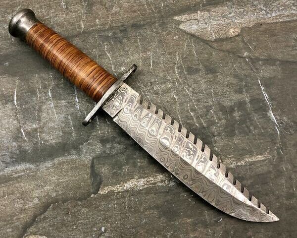 Custom HandMade Damascus 14\'\' Bowie Knife With Leather Steaks Handle With Sheath