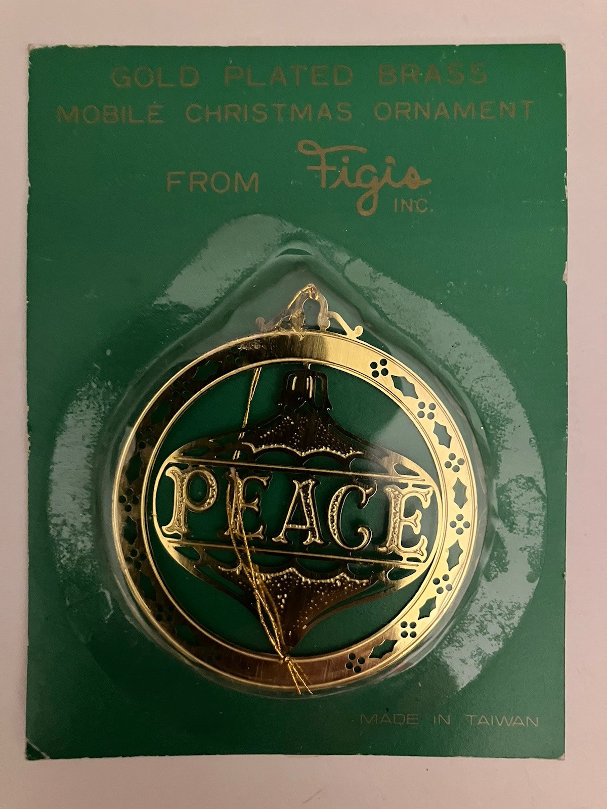 Vintage Figis Inc Peace Gold Tone Plated Brass Round Mobile Christmas Ornament
