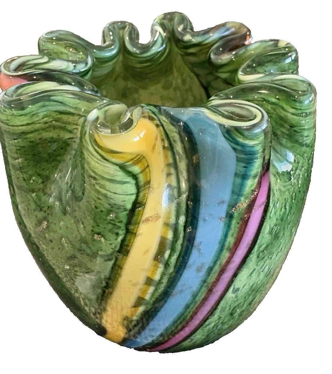 Rare Robert L Hamon Art Glass Studio Vase Abstract Tutti Frutti  Swirl Glitter
