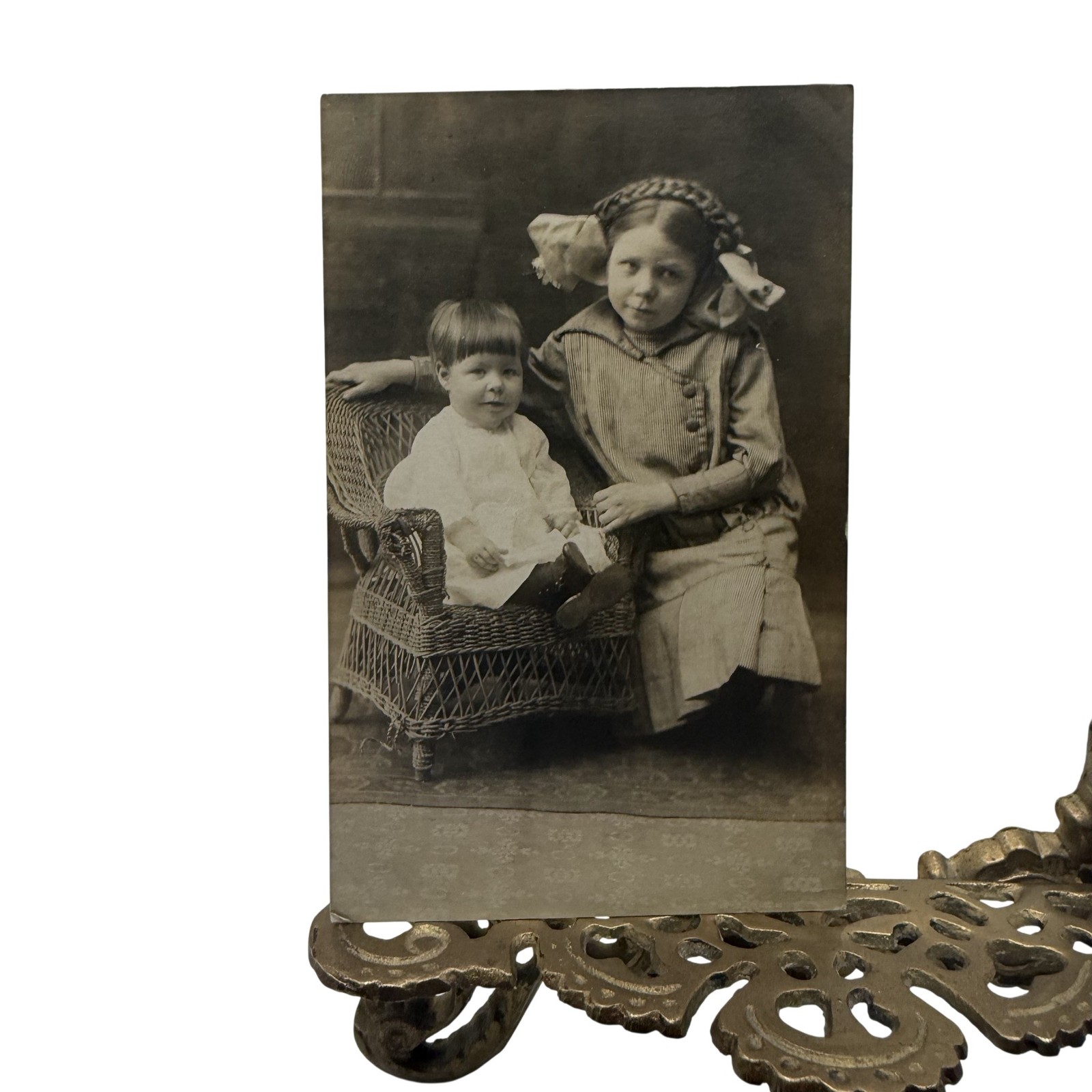 Vintage C1910s Girl Baby Wicker Chair RPPC Real Photo Postcard AZO 3.5x5.5