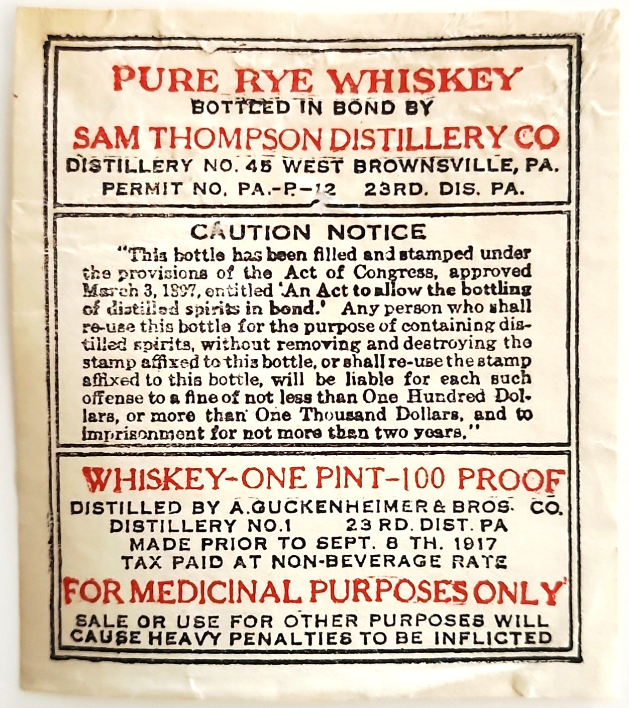 1917 Prohibition Sam Thompson Rye Whiskey Medicinal Bottle Label Guckenheimer PA