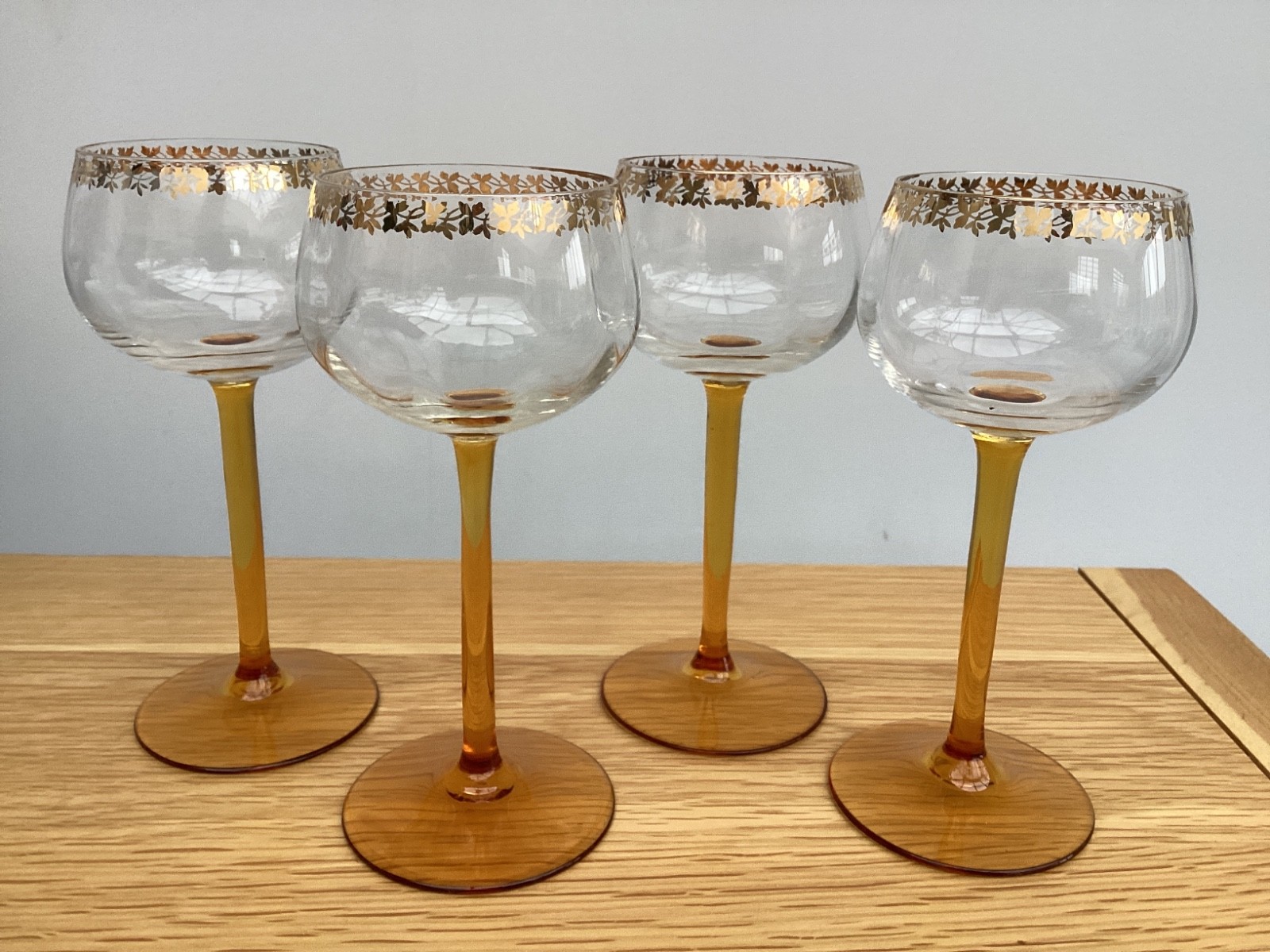 Set of 4 Vintage Luminarc Gold & Amber Long Stem 70’s Hock Wine Glasses 17cm
