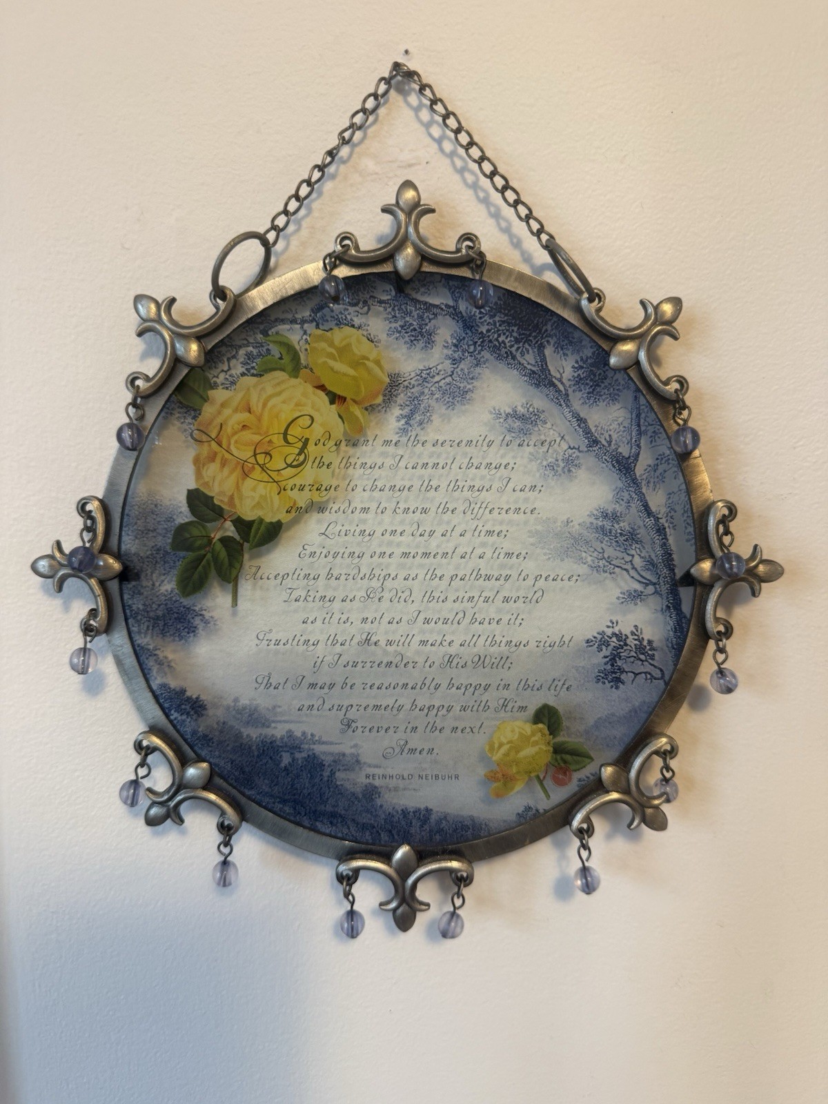 Vintage Serenity Prayer Glass Wall Hanging Ornate Metal Frame Beads Roses AA