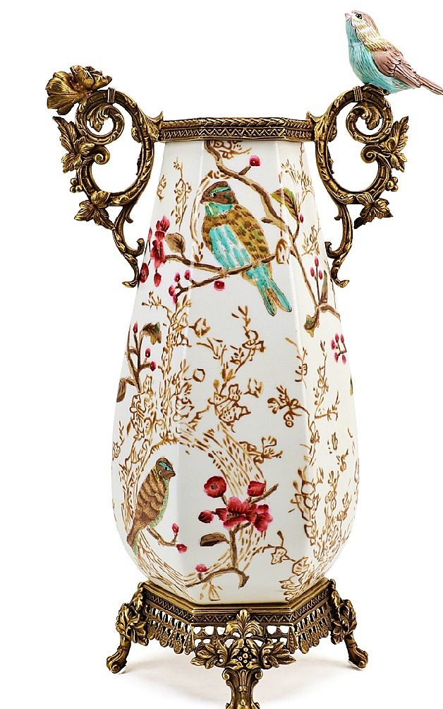 Polychrome Chinoiserie Porcelain Hexagonal Vase. Hand Painted. Ormolu - 17.5 Polychrome Chinoiserie Porcelain Hexagonal Vase. Hand Painted. Ormolu - 17.5