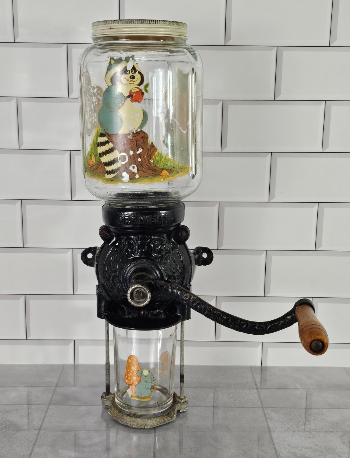 Antique Premier Cast Iron Wall Mount Coffee Grinder Mill Glass Jar PAT 1905 16\
