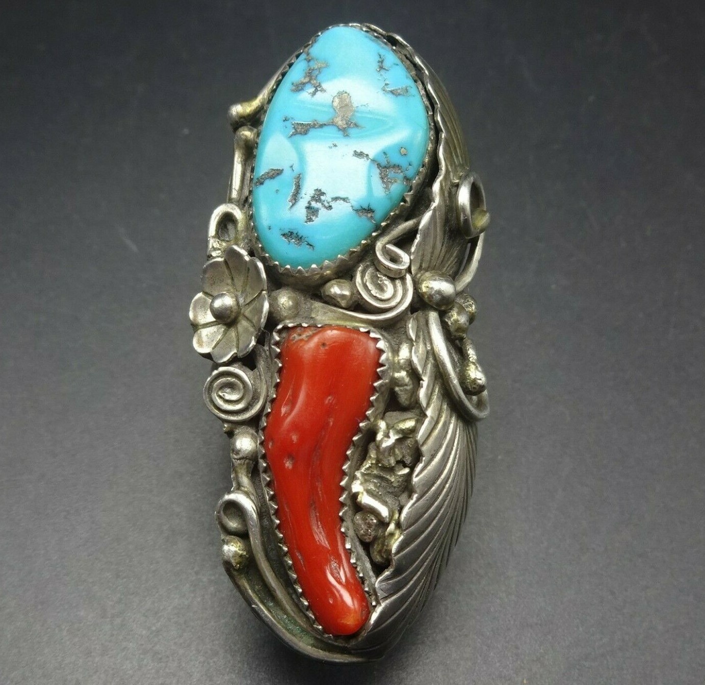 Phillip Morse HUGE Sterling Silver RED CORAL & KINGMAN TURQUOISE RING size 9.75