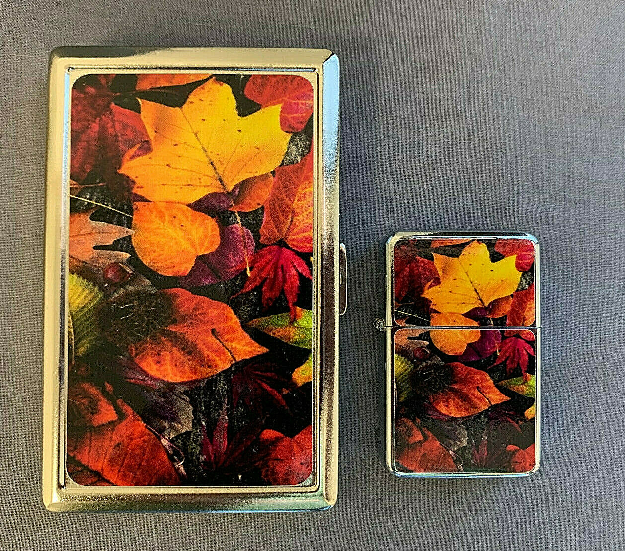 BEAUTIFUL FALL LEAVES CIGARETTE CASE / WALLET & OIL LIGHTER SET 