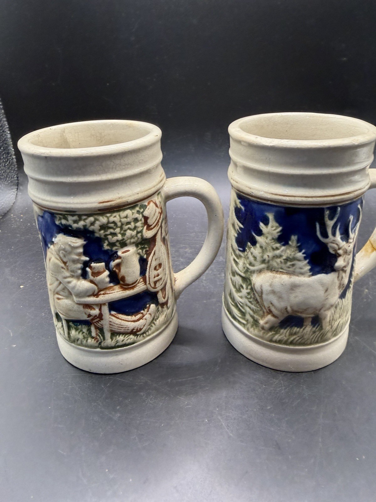 2 Vintage German Beer Steins Ceramic Stoneware Relief Mugs Made in Germany