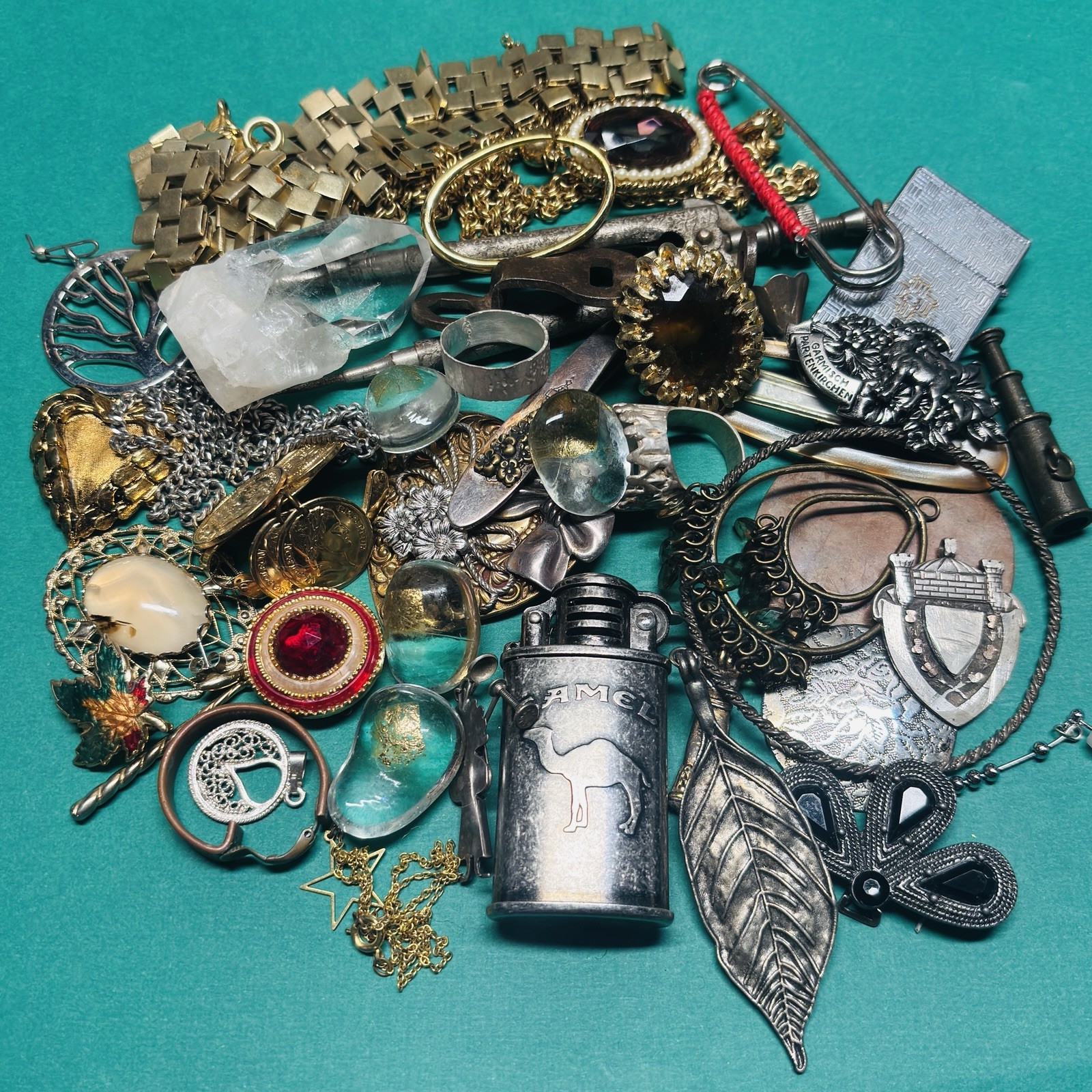 43 Piece Desk Drawer Metal And Stone  SCRAP Jewelry Junk Silver  Pins Random