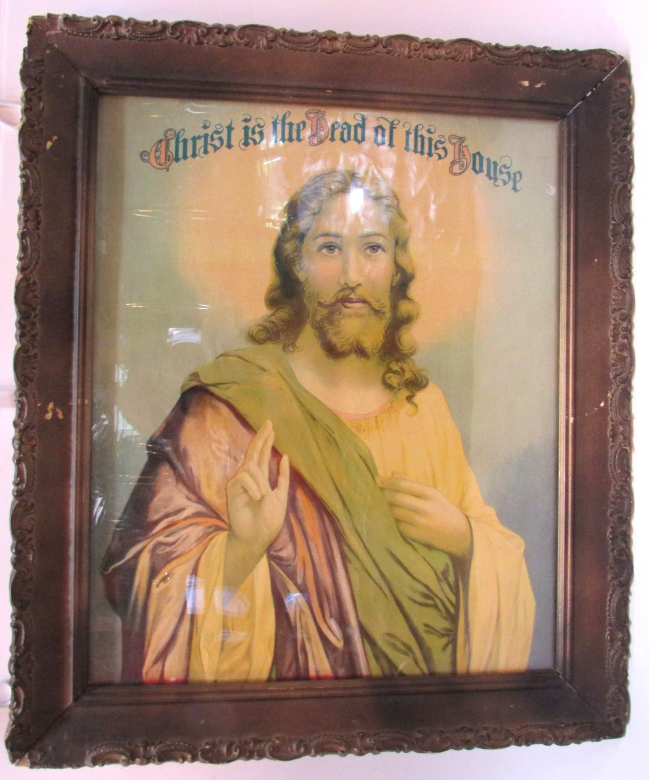 Antique 1870's Christian Jesus Wood Framed Print Christ Is Head of This House