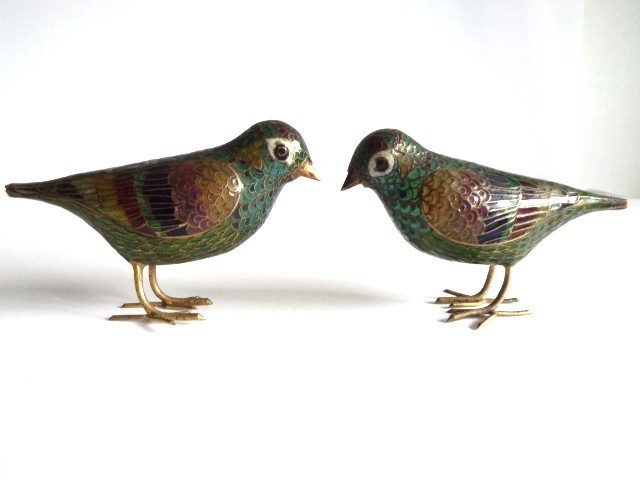Vintage Chinese CLOISONNE Enamel Bird Figurines Statue 4 1/2\