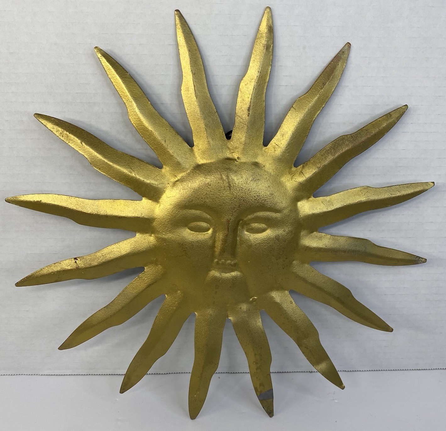 Vintage MCM Gold Sun Face Wall Decor Stamped Metal Celestial Sunburst 12”