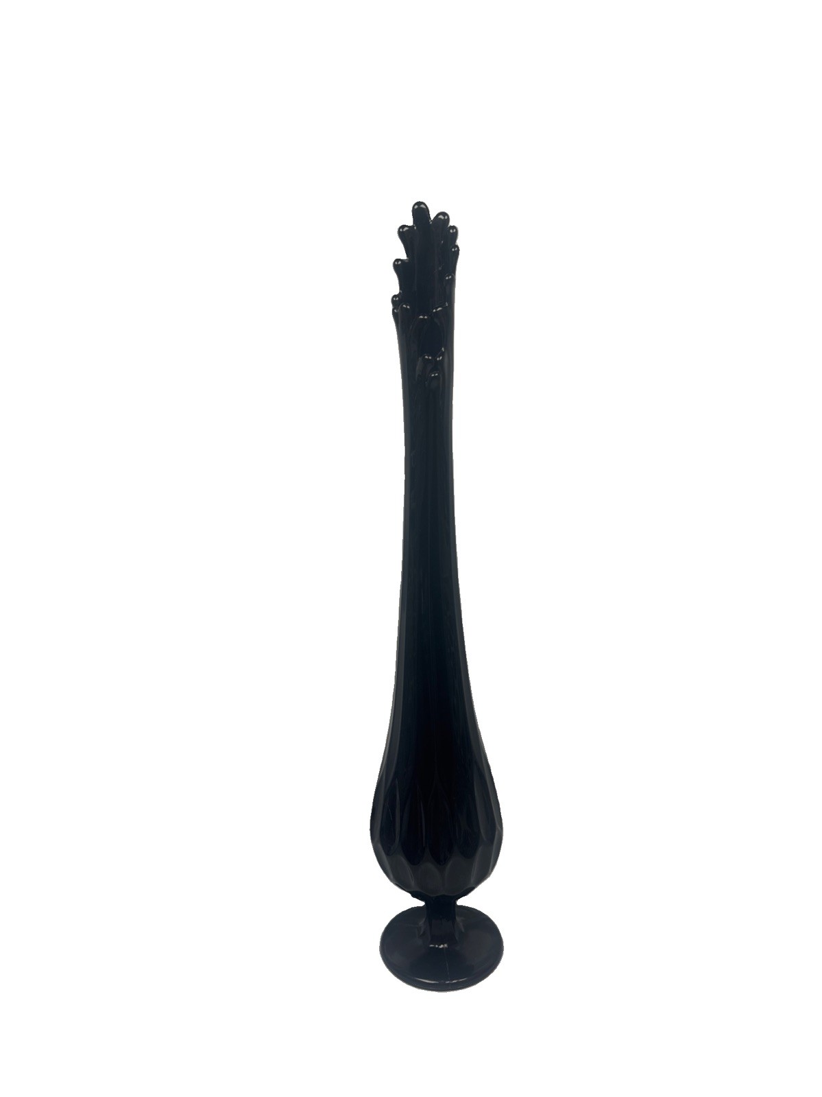 Vintage 1960s Fenton Black Amethyst Glass Swung Vase 19” Mid Century Thumbprint Vintage 1960s Fenton Black Amethyst Glass Swung Vase 19” Mid Century Thumbprint