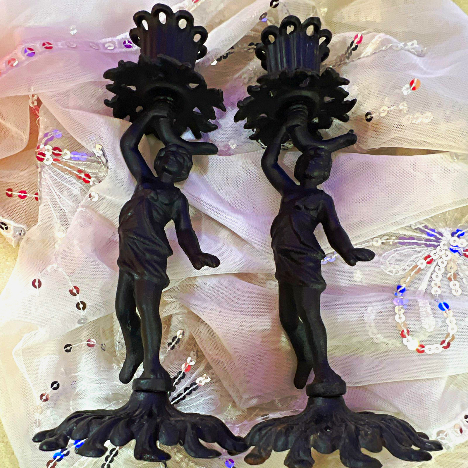 Vintage JM Iron Art Co. Black Cast Iron Figural Lady Candlestick Pair Vintage JM Iron Art Co. Black Cast Iron Figural Lady Candlestick Pair