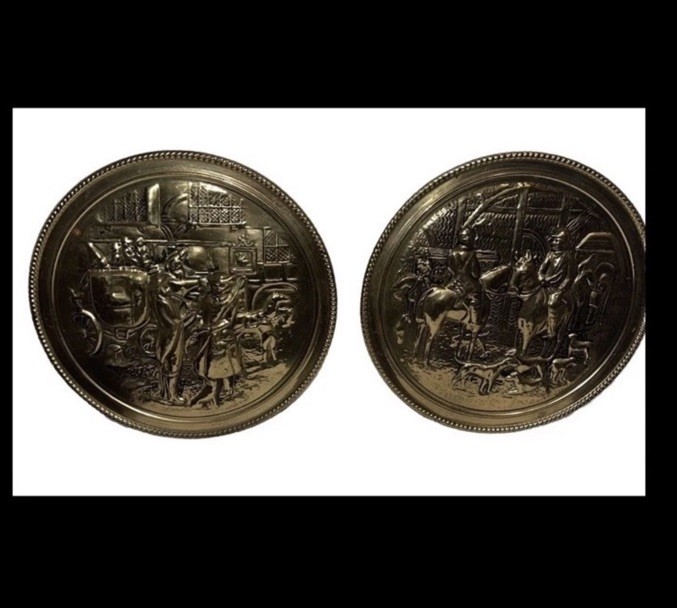 Vintage Elpec England Brass Embossed Wall Hanging Plaque Set of 2 Horse Coach Vintage Elpec England Brass Embossed Wall Hanging Plaque Set of 2 Horse Coach