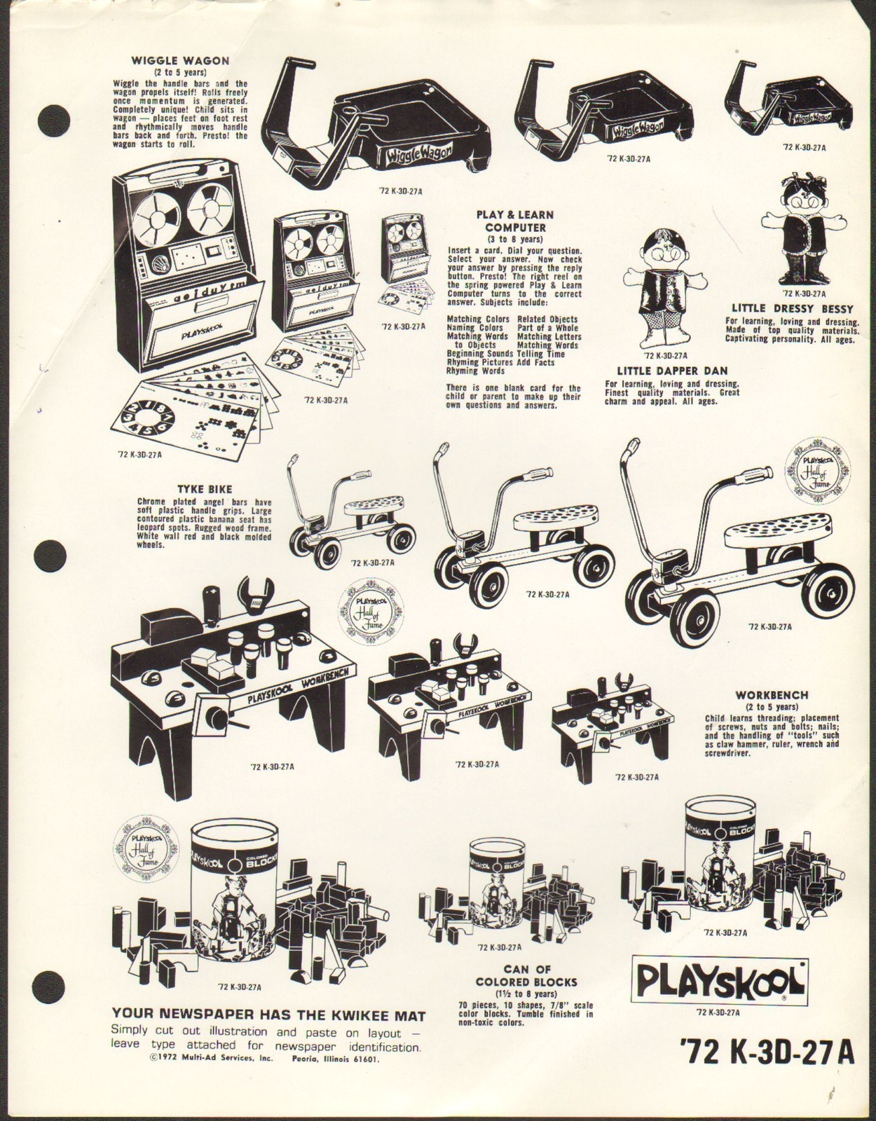 1972 VINTAGE AD SHEET #1458 - PLAYSKOOL TOYS - TRIKE - WIGGLE WAGON etc 1972 VINTAGE AD SHEET #1458 - PLAYSKOOL TOYS - TRIKE - WIGGLE WAGON etc