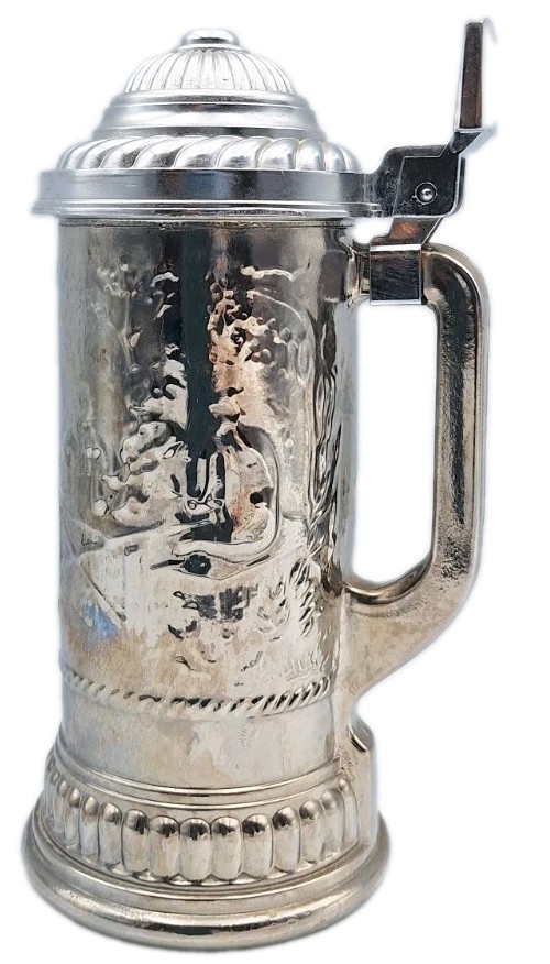 VTG 1970\'S AVON Hunter\'s Lidded Glass Beer Stein Silver Plated Metallic Overlay