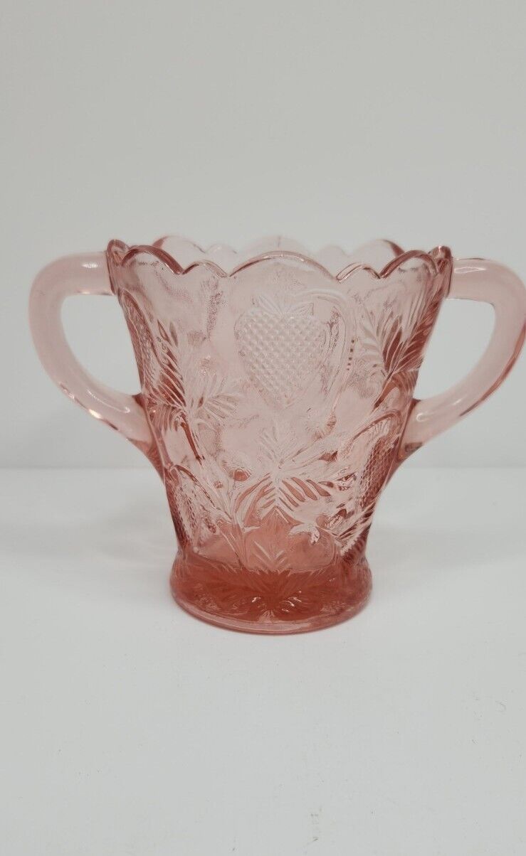 Vintage pink Depression Glass Strawberry Double Handle Vase Bowl