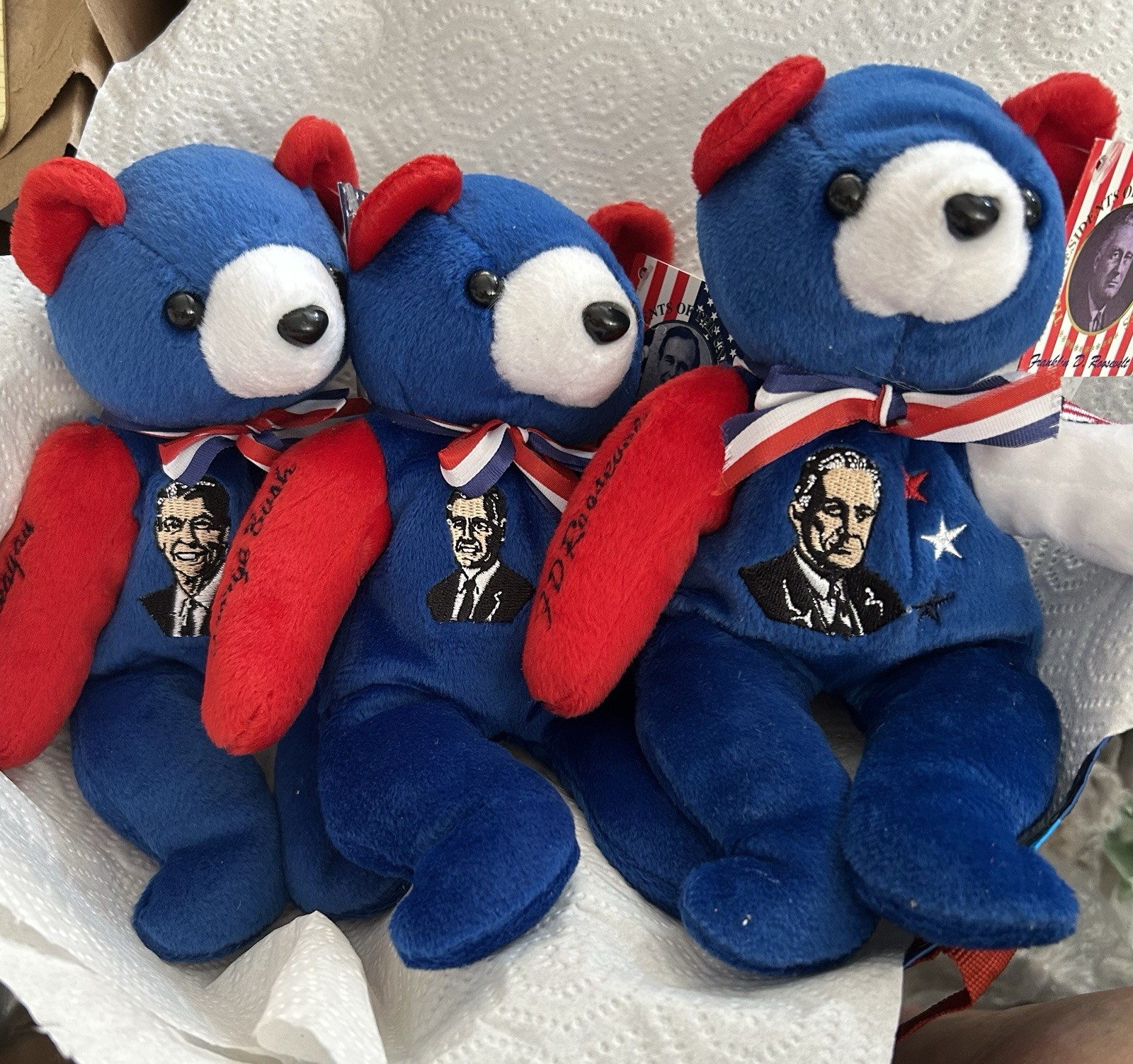 3 PRESIDENT ROOSEVELT REAGAN BUSH TOY BEAR DEMOCRAT REPUBLICAN US RED WHITE BLUE