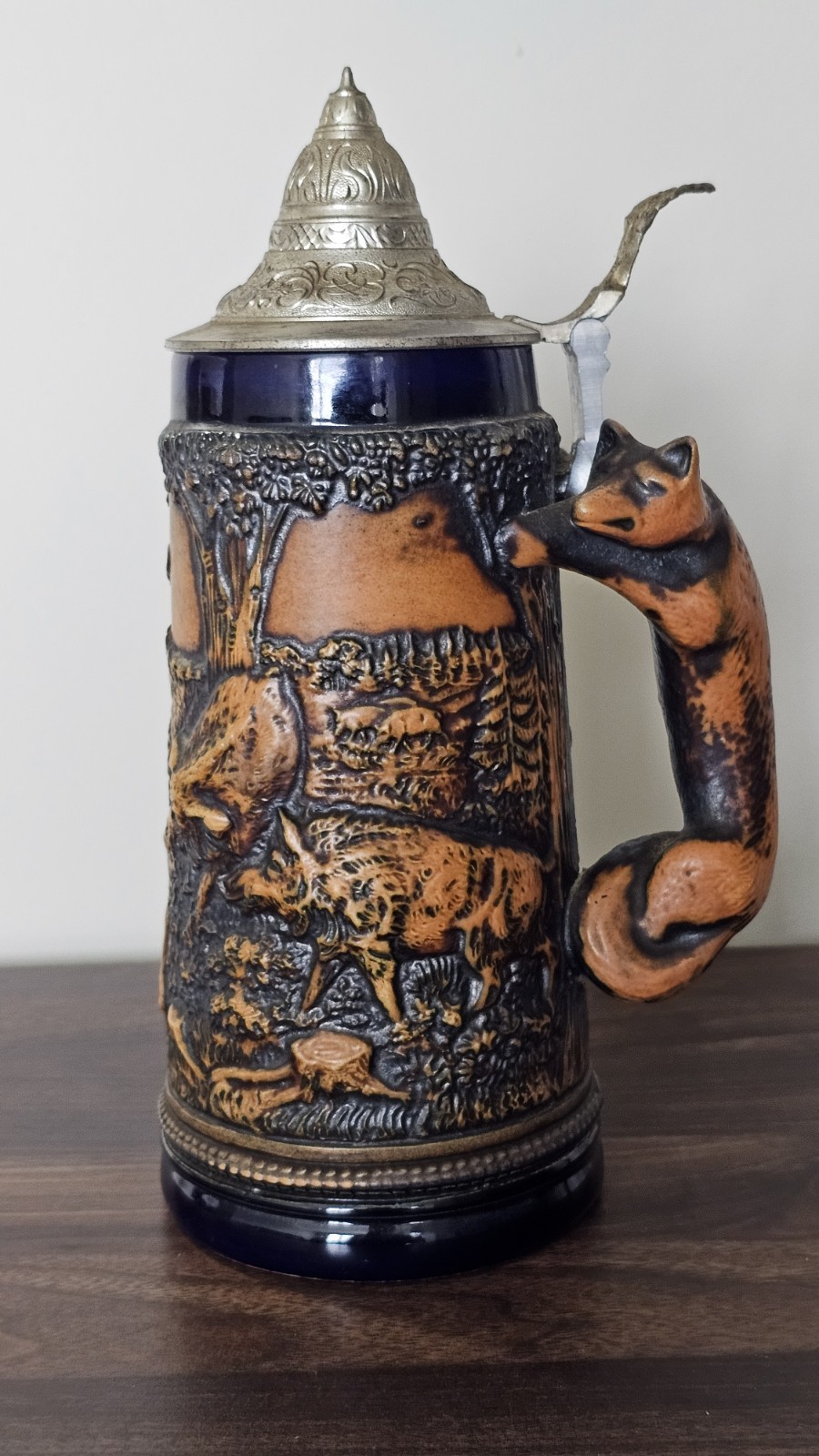 Large Vintage Antique Genuine German Pottery Beer Stein Elk w/ Fox Handle 1862 Large Vintage Antique Genuine German Pottery Beer Stein Elk w/ Fox Handle 1862
