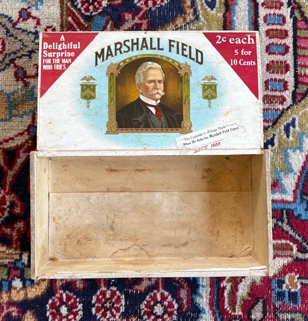 Antique Marshall Field & Company Wood & Paper Cigar Box - Store For Men 1910s