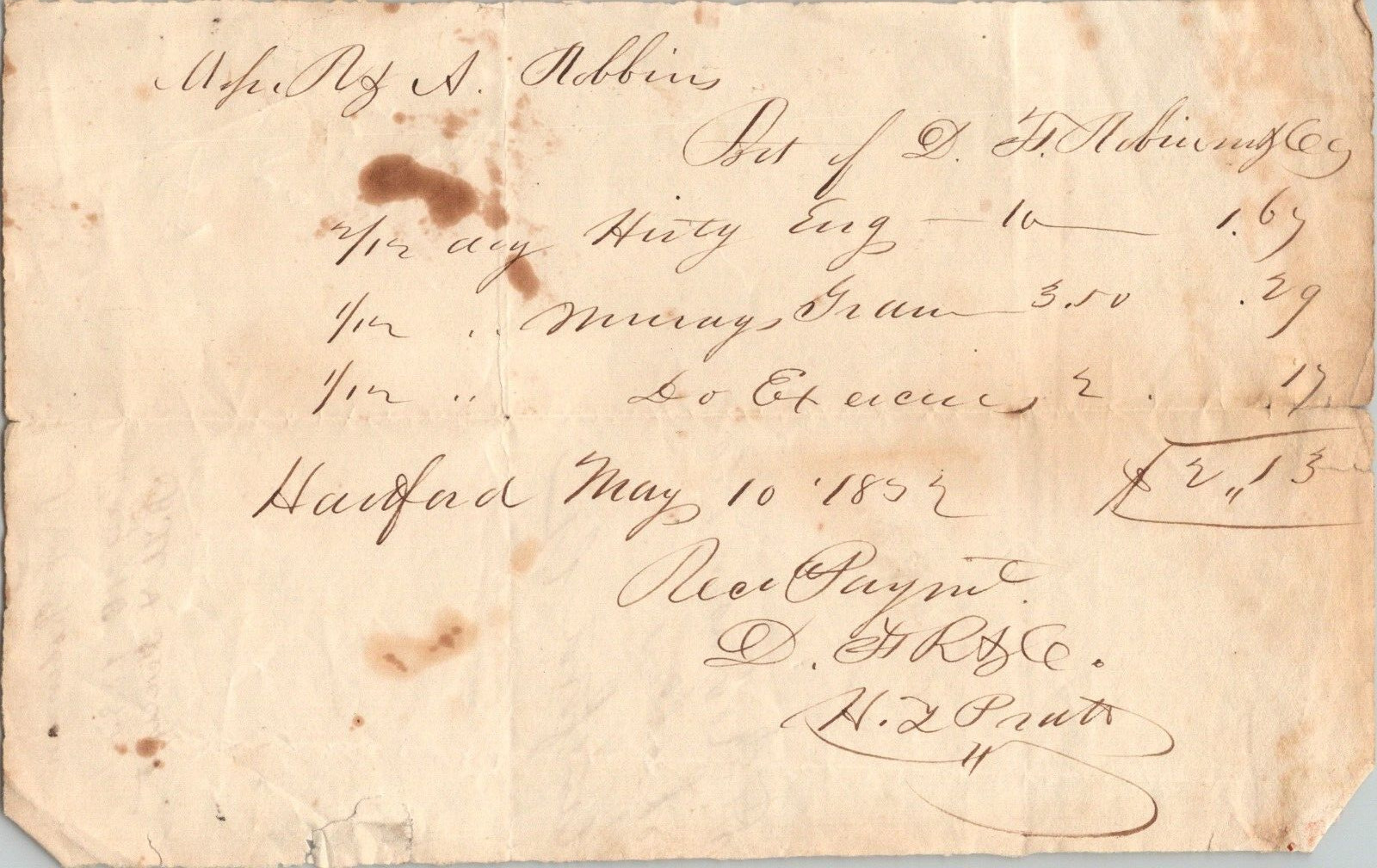 Handwritten receipt Hartford Ct DF Robbinson 1832 Conneticut Antique signed