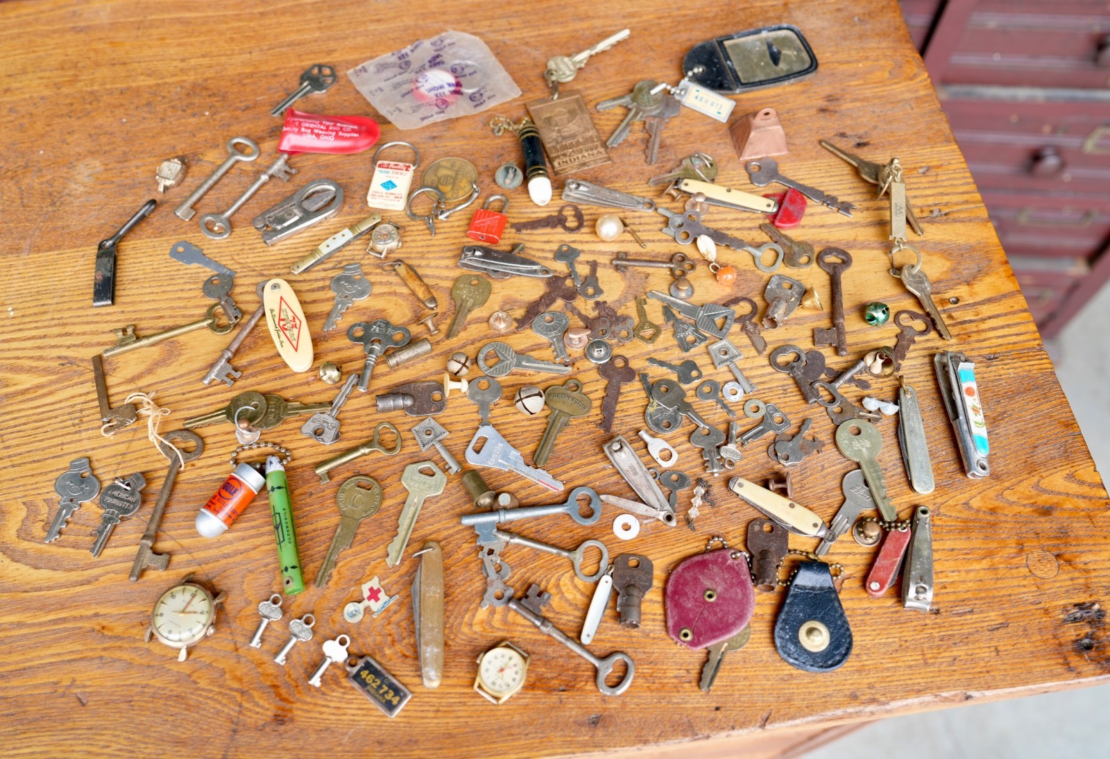 Antique Junk Drawer Lot Vintage Keys Pocket Knives Watches Trinkets Bells