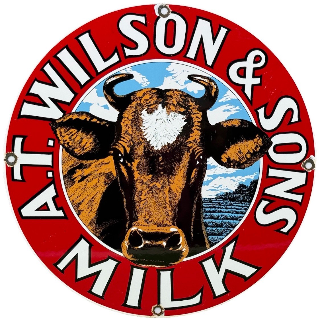 VINTAGE A.T. WILSON & SONS MILK PORCELAIN SIGN FARM COW DAIRY GROCERY STORE