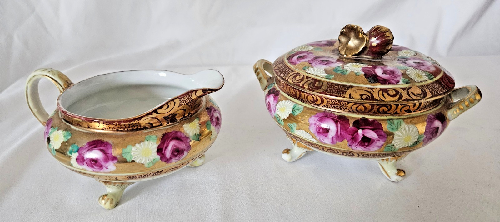 Porcelain Victorian Sugar & Creamer Hand Painted Pink Roses Nippon ?