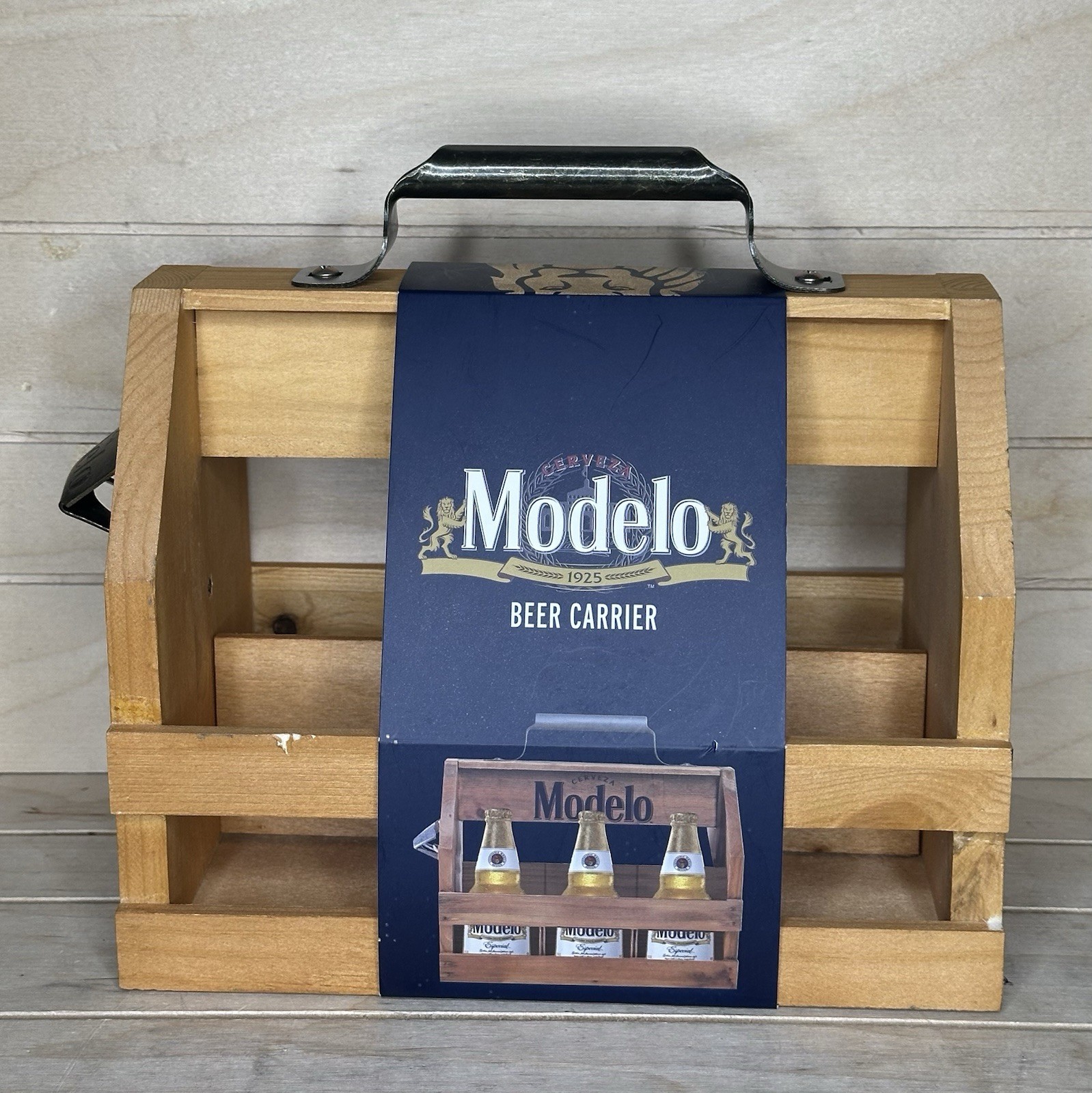 Modelo Promotional Wooden Beer Carrier 6 Pack Glass Caddy with Bottle Opener.