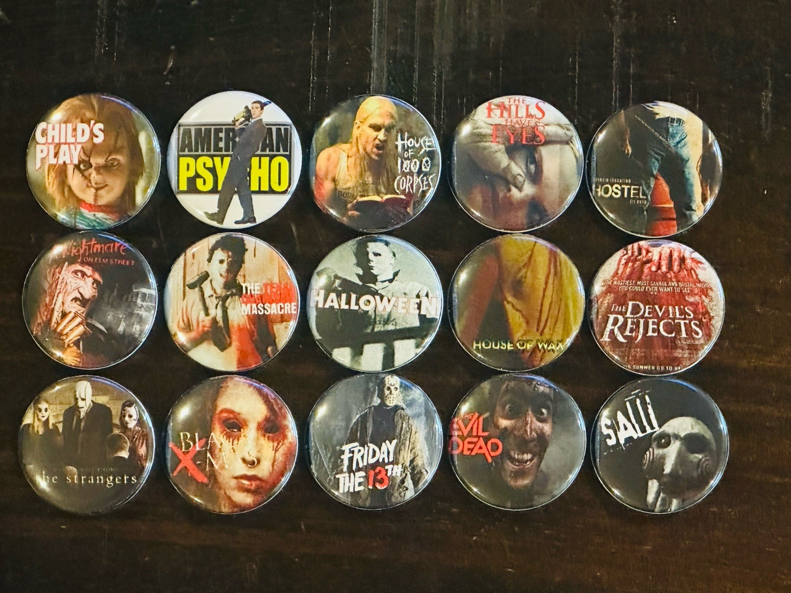 Horror Movies Buttons/ Pins Set Of 15 Horror Movies Buttons/ Pins Set Of 15
