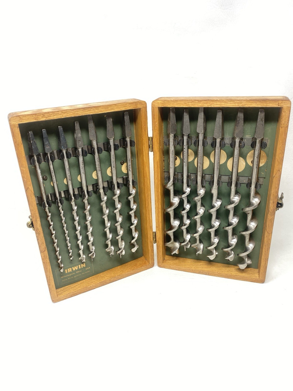 Vintage Irwin Auger Brace Drill Bits 13 Piece Complete Set in Original Wood Box