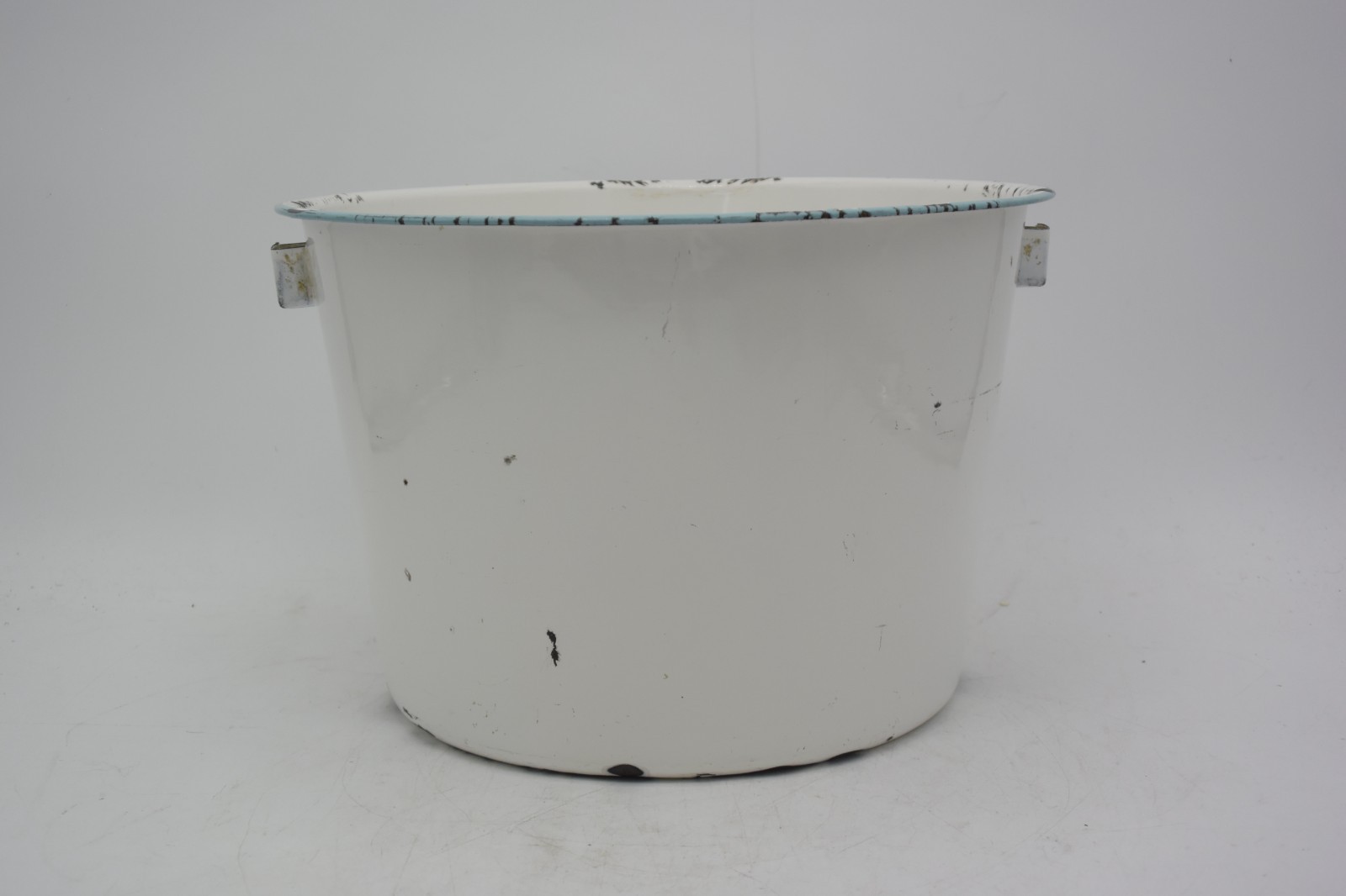 VTG White Enamelware Pail Blue Rim Chippy Farmhouse Bucket Planter 12” No Handle