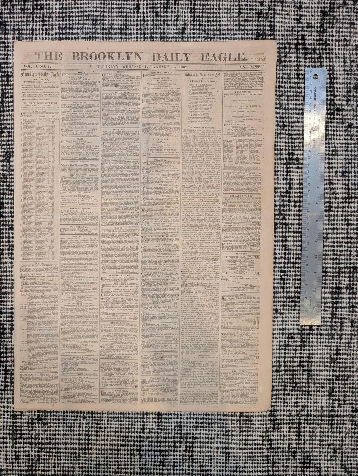 1862 Brooklyn Eagle — First Edition Battle News & Dickens — Jan 15