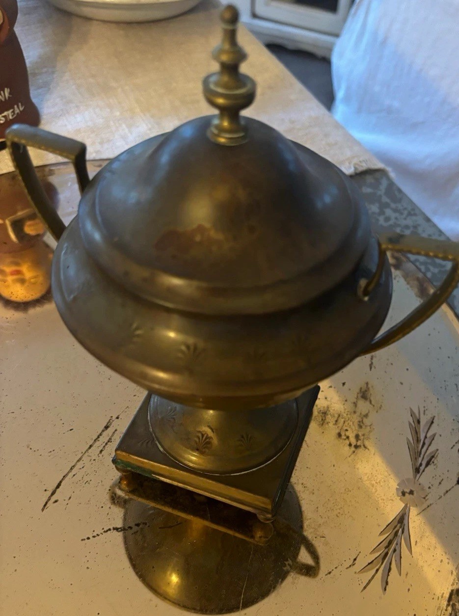 Brass Lidded Urn with Handles, Finial Top, Floral Design, Pedestal Base