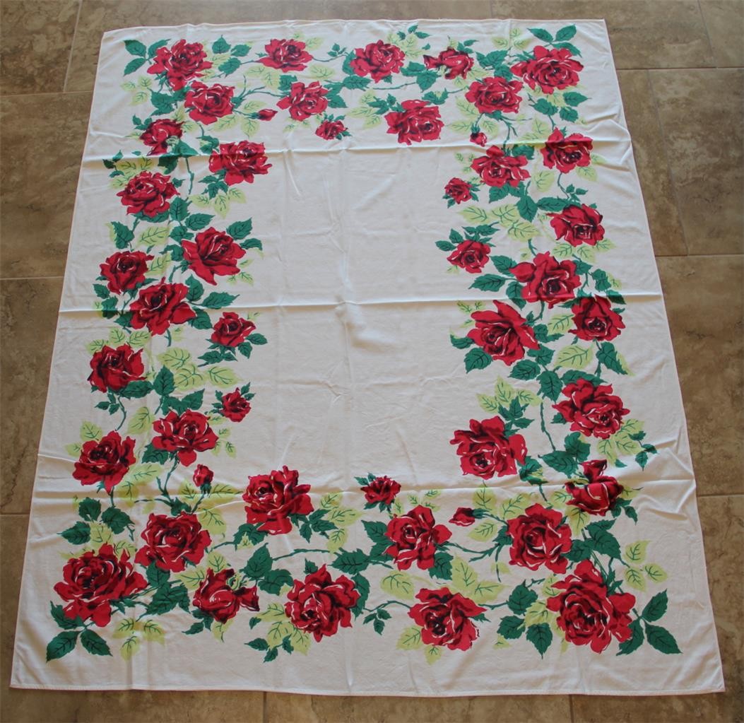 Retro Cotton Tablecloth Big Fat Red Roses 1950-60s Vintage 60\