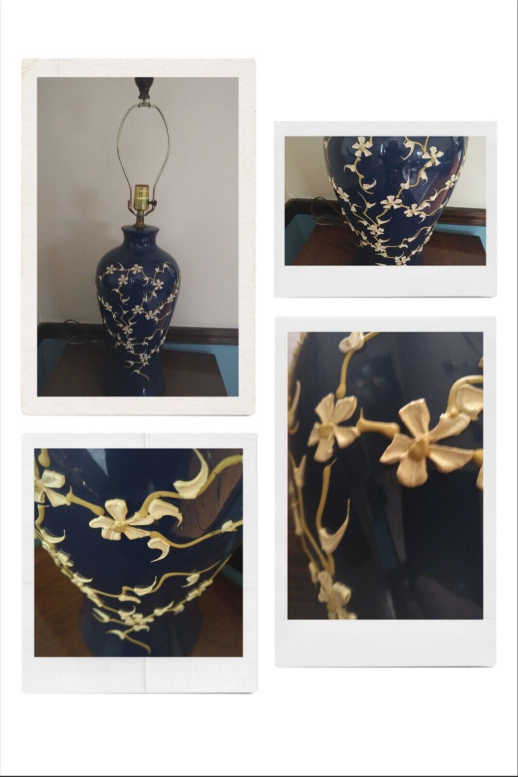 Vintage MCM Mid Century Table Lamp Blue Applied Applique Cherry Blossoms Flowers