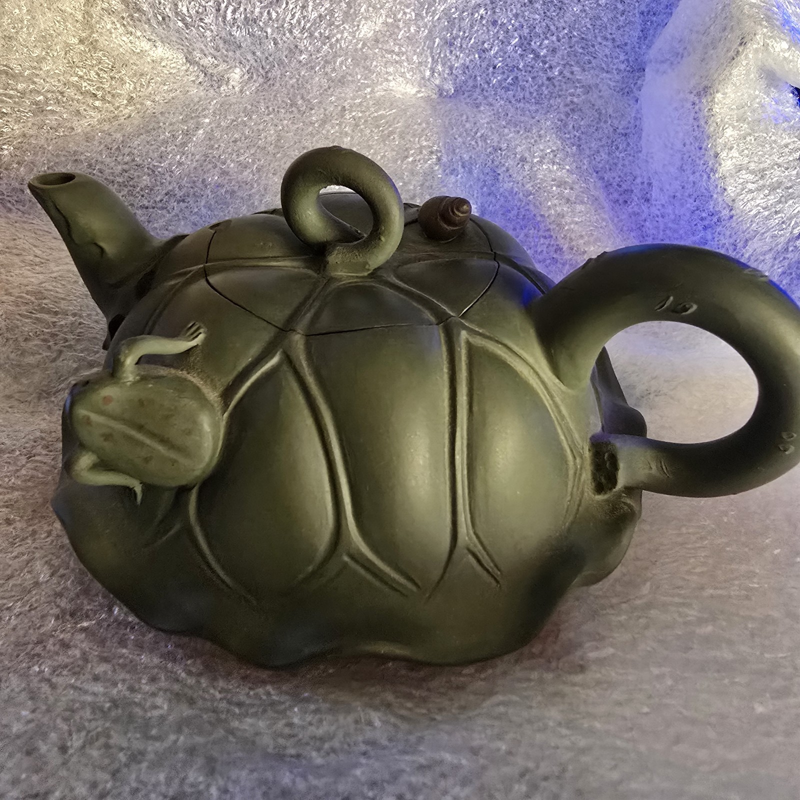 Vintage Chinese Yixing Zisha Green Clay Frog Lotus Teapot - Jiang Rong Mark READ