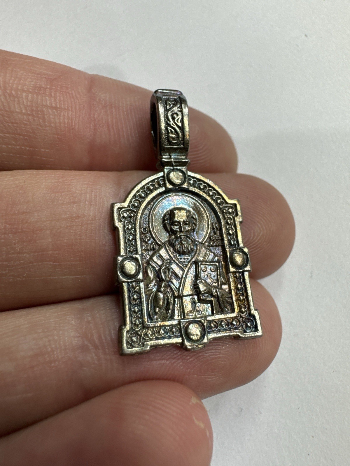 925 Sterling Silver Saint Nicholas Icon Pendant 4.9g Russian Orthodox Patron