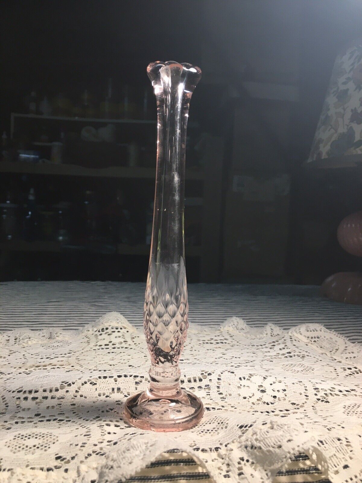 Vtg Westmoreland Light Pink Clear Glass Bud Vase Ruffle Top 7.5 “