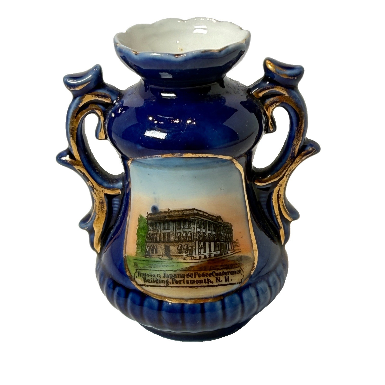 PORTSMOUTH NH NEW HAMPSHIRE ANTIQUE Souvenir RUSSIA JAPAN COBALT TRINKET VASE PORTSMOUTH NH NEW HAMPSHIRE ANTIQUE Souvenir RUSSIA JAPAN COBALT TRINKET VASE