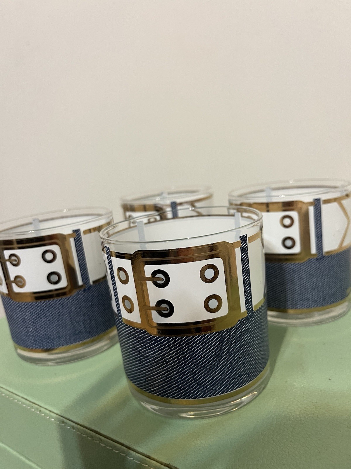 MCM hipster mod denim gold belt design set of four Cera Glassware bar ware